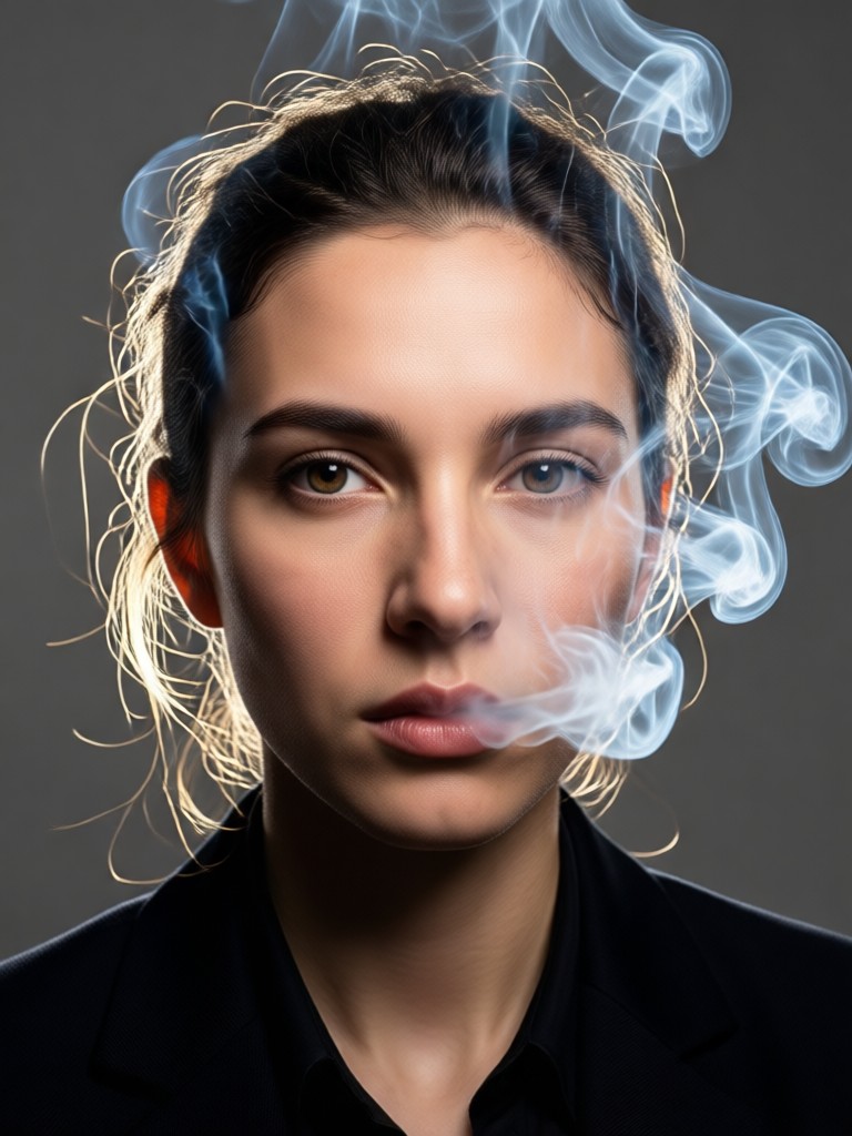 Dramatic black and white portrait with thick smoke