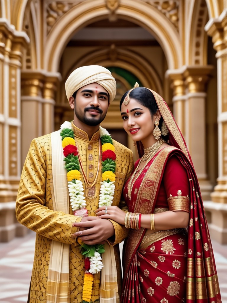 Couple in white and gold traditional Gujarati outfit
