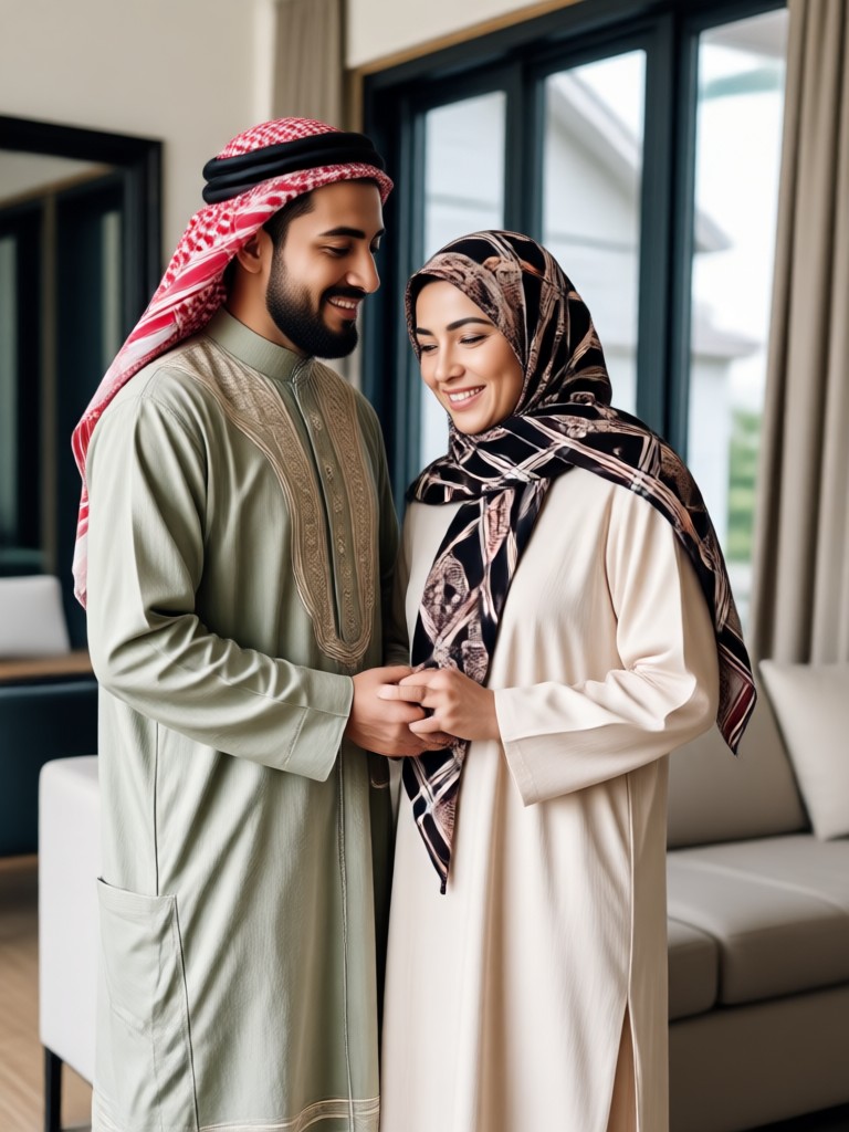 Artistic Muslim couple with mosque backdrop