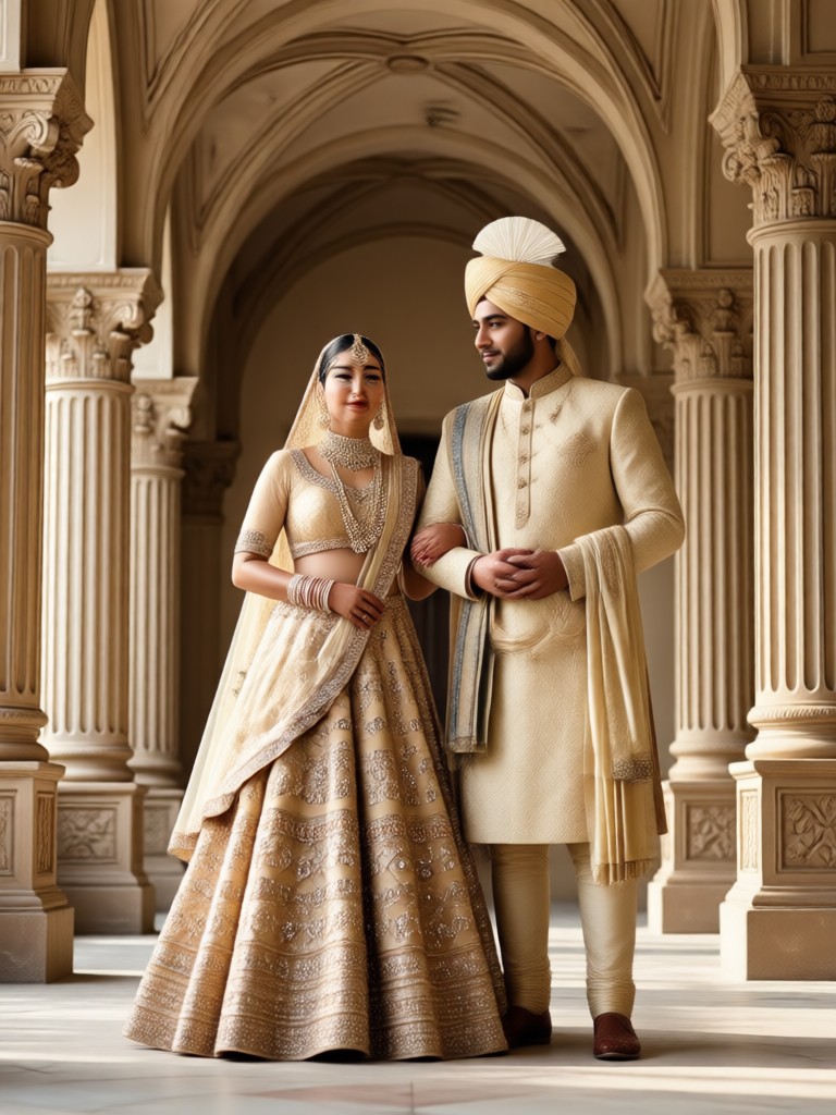Green and gold lehenga with matching sherwani