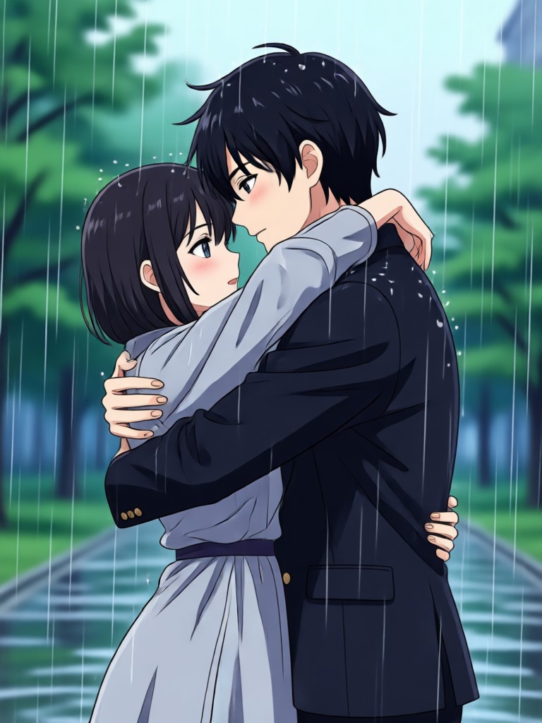 Anime rain hug video generator example