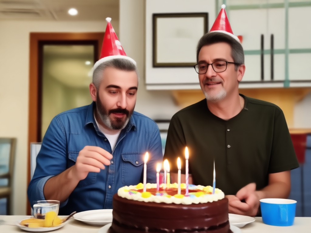 Father smiling while watching a birthday video on a tablet