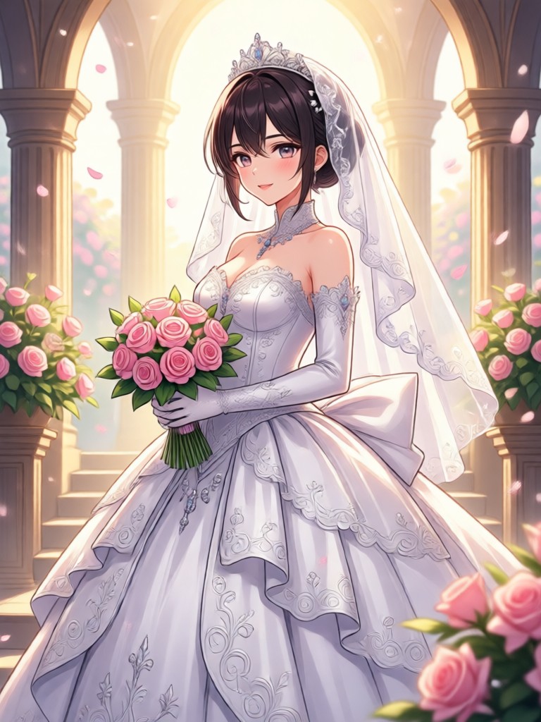 Traditional Japanese anime bride in red wedding kimono