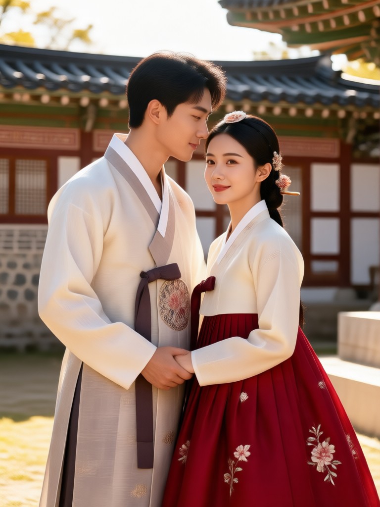 Autumn themed hanbok couple portrait with traditional poses