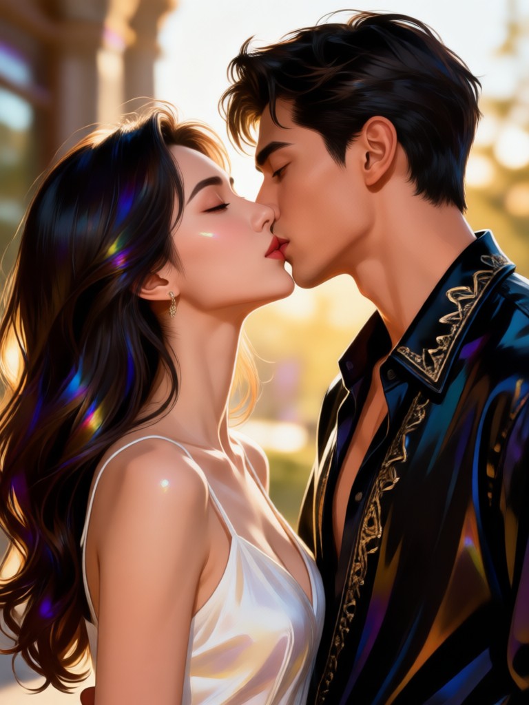 Golden hour field celebrity style kiss