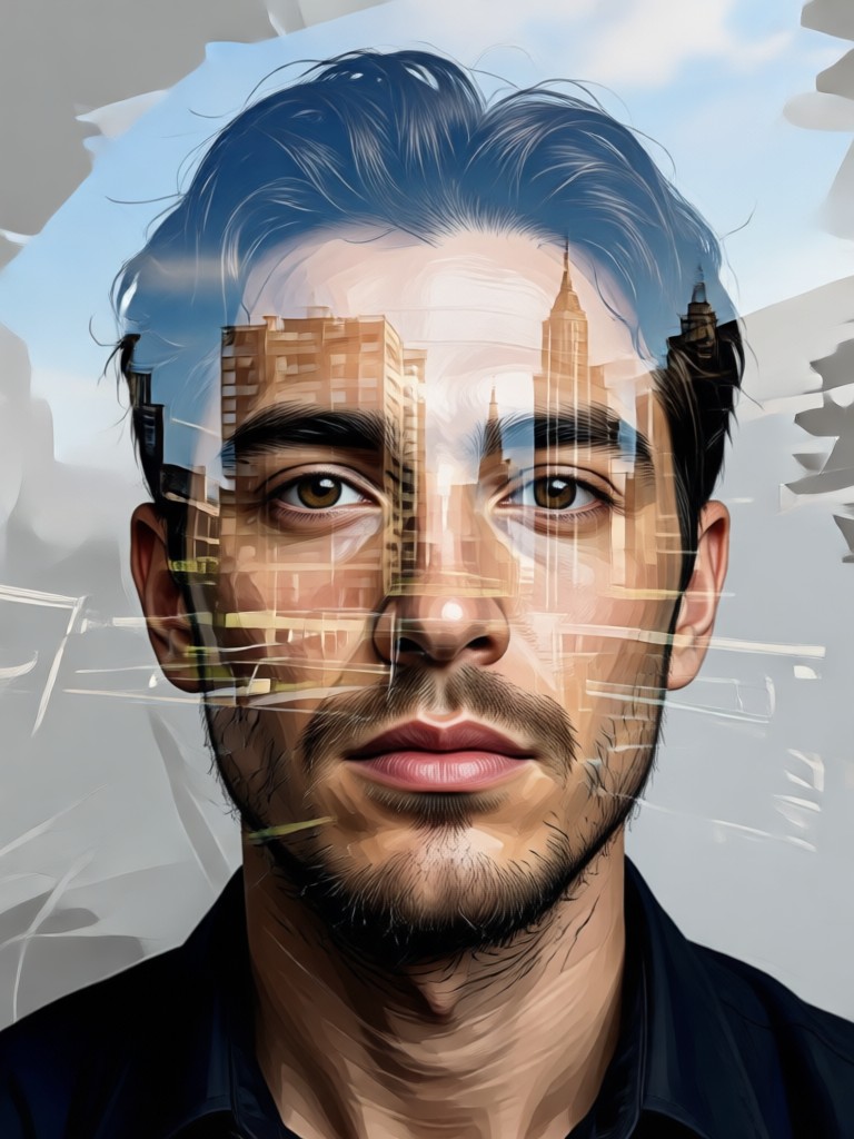 Brutalist architecture portrait fusion