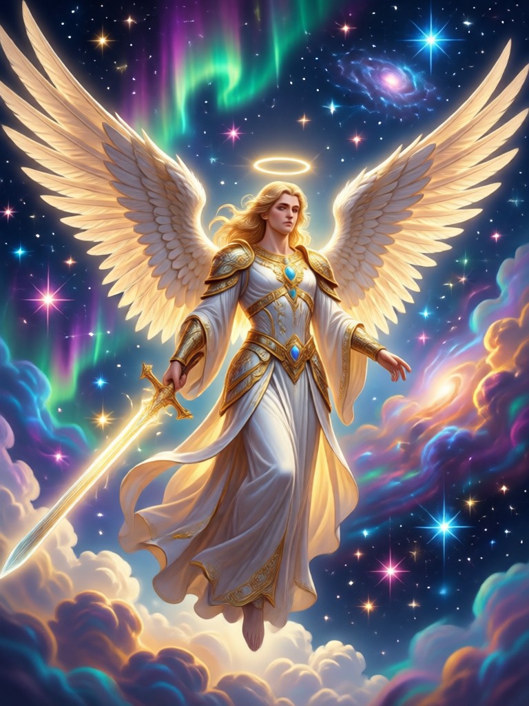 Angel in a majestic forest setting with sunbeams
