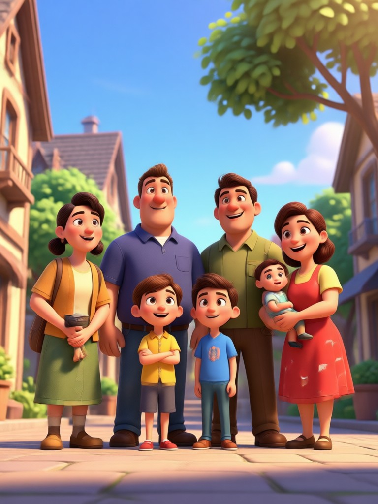 Family transformed into Pixar characters in a cozy living room
