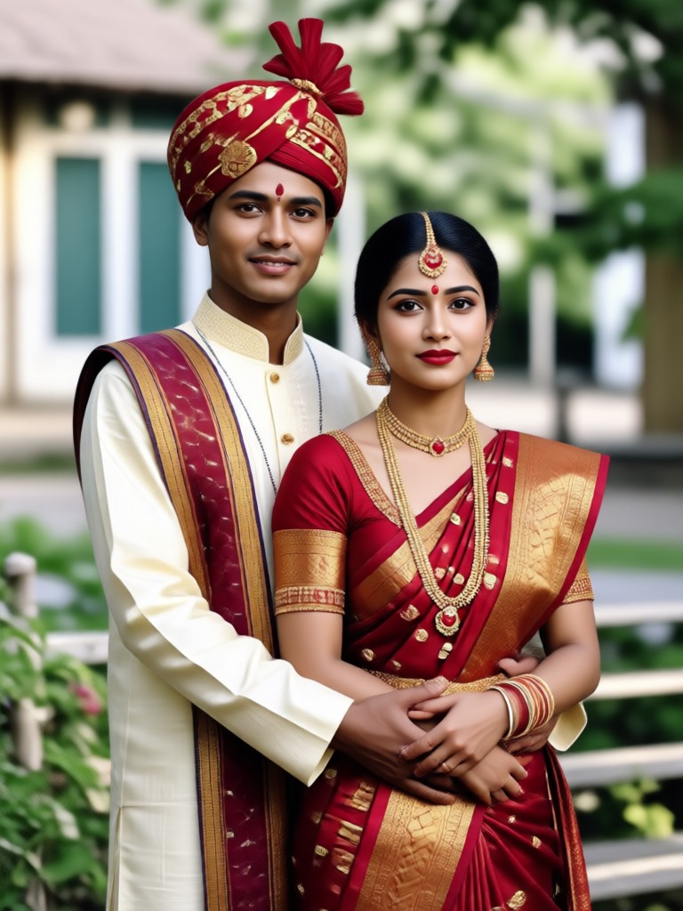 Traditional Bengali couple in muslin saree and kurta with simple jewelry