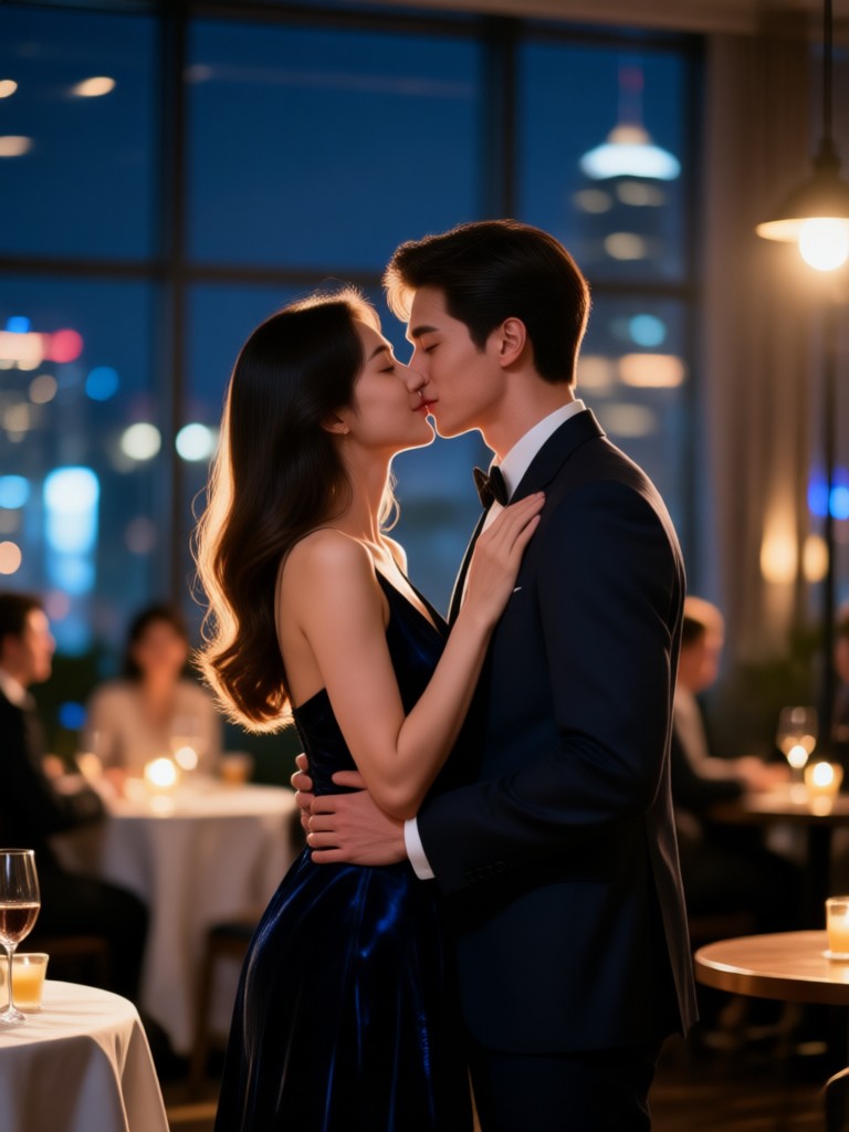 Cinematic slow motion date night kissing animation