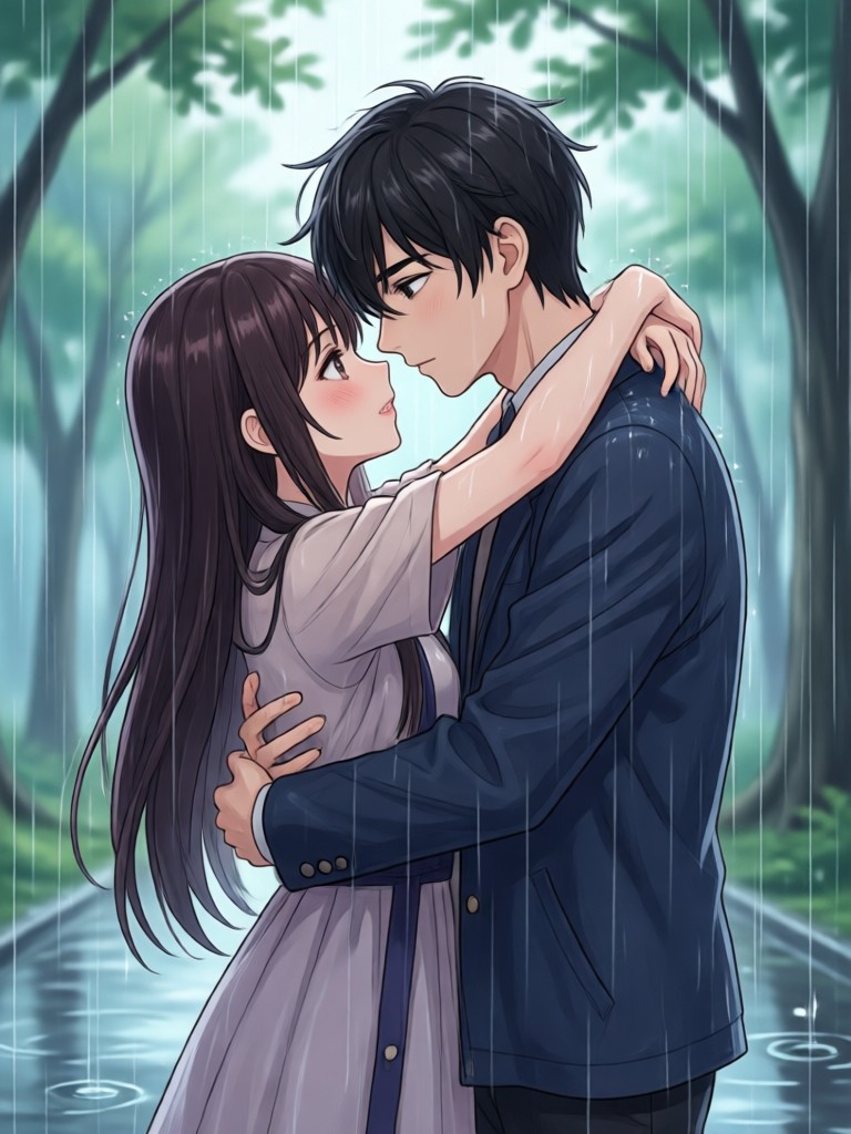 Dreamy anime rain hug video creation