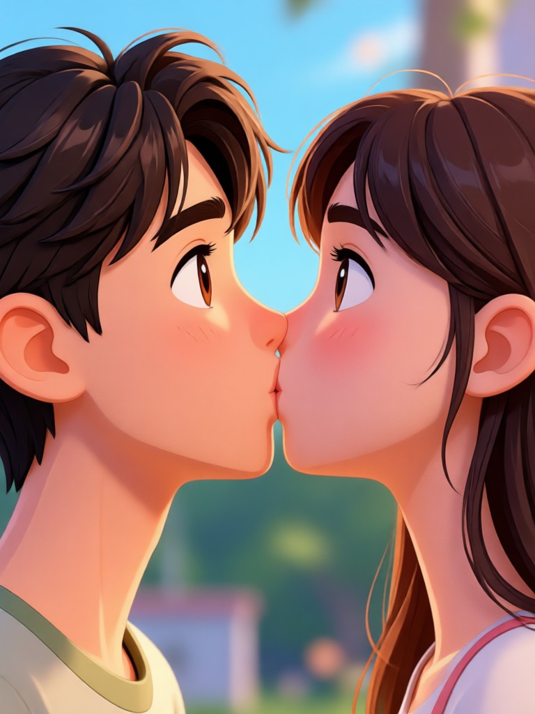 Watercolor art style kissing video with soft, blended colors