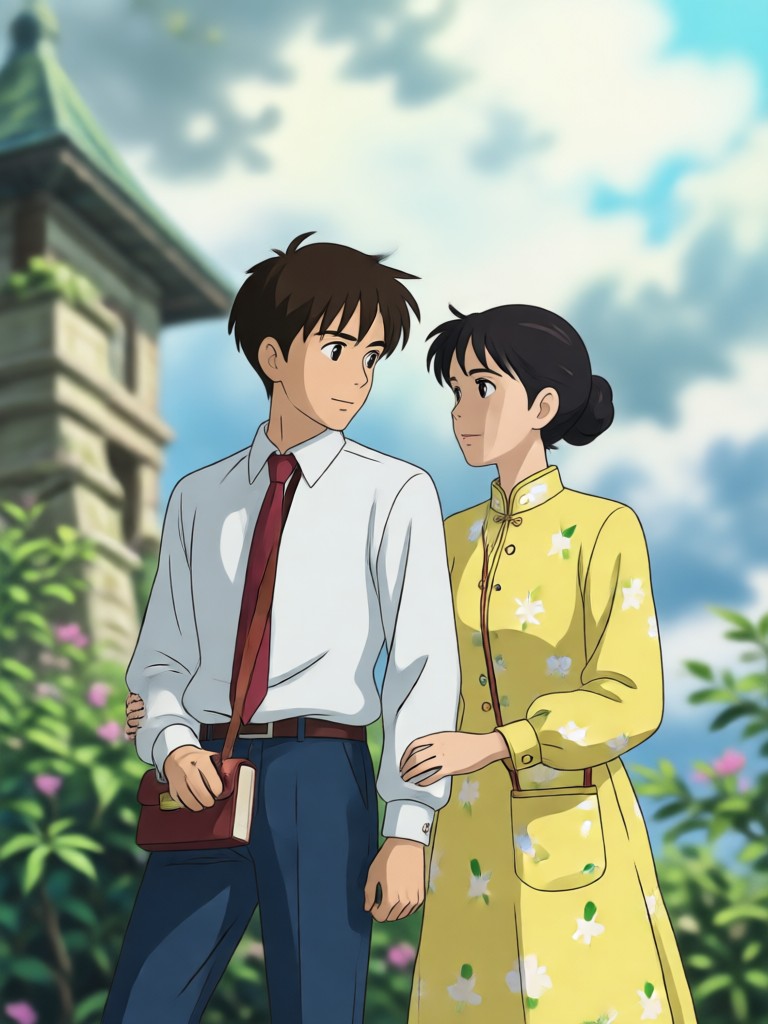 Anime style couple flying on a dragon