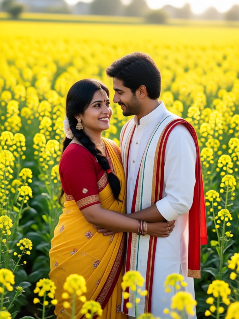 Romantic embrace in a sea of mustard flowers