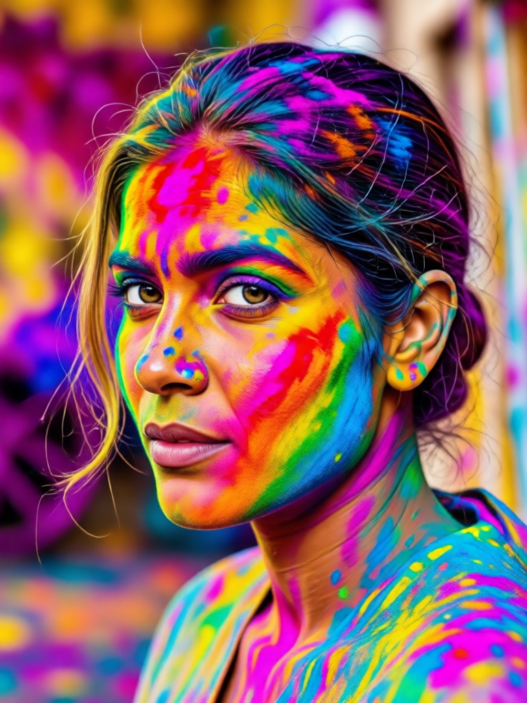 Festive Holi portrait with blue and green AI powder