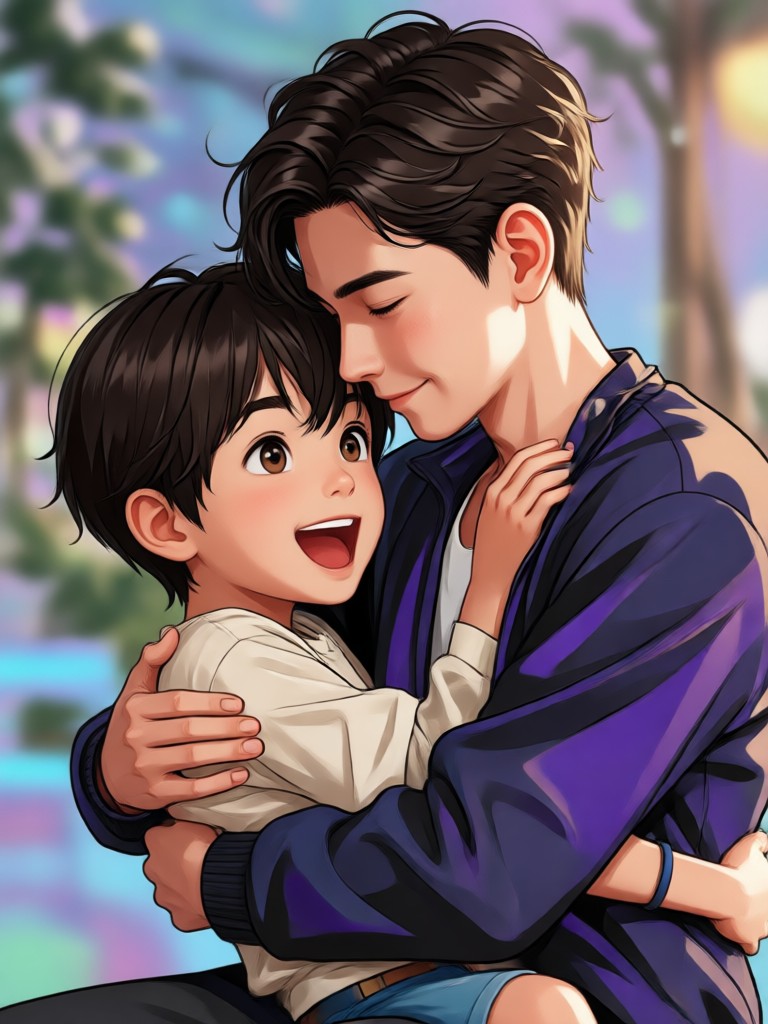 Father embracing his child self in animated style