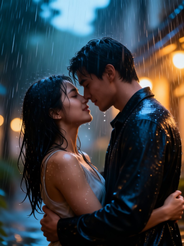 Romantic hug animation in golden light