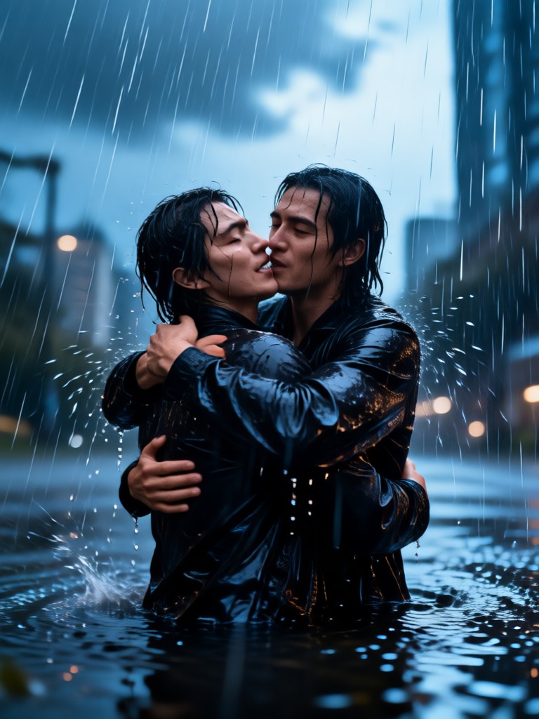 AI slow motion rain hug effect cinematic scene
