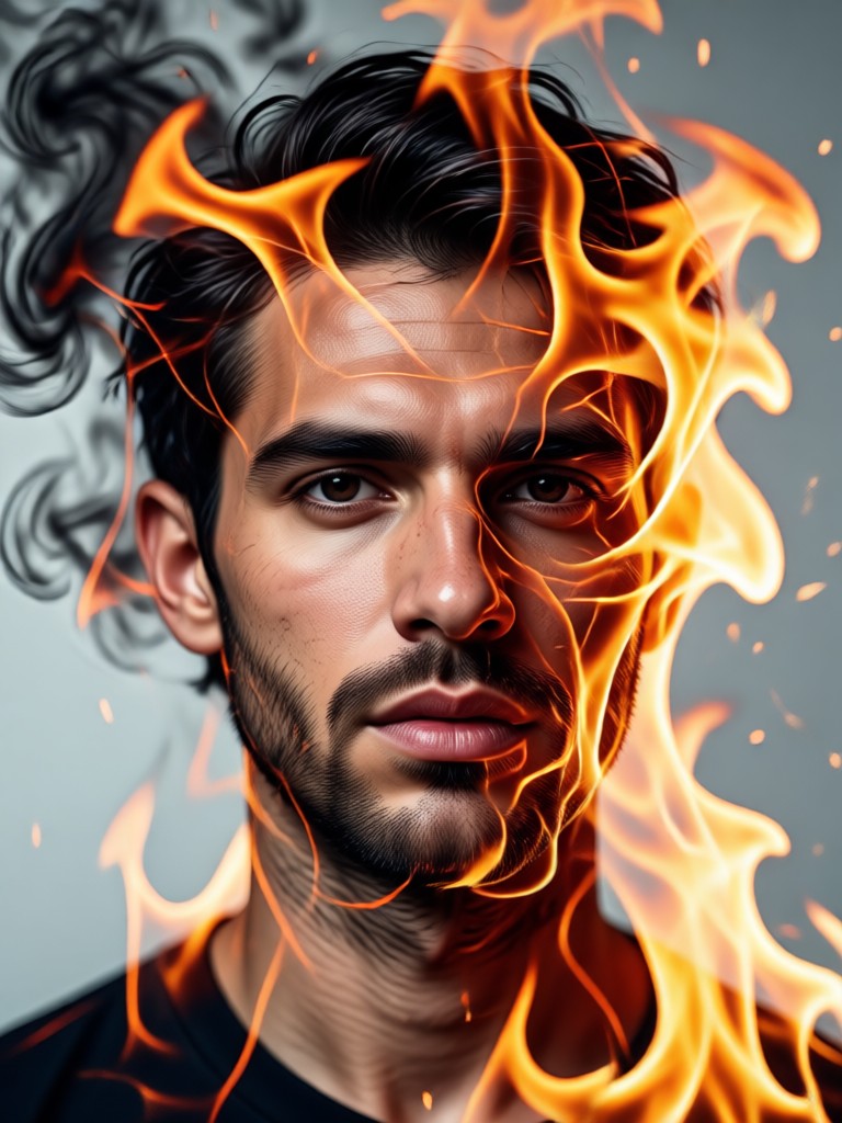 Male portrait blended with orange wildfire