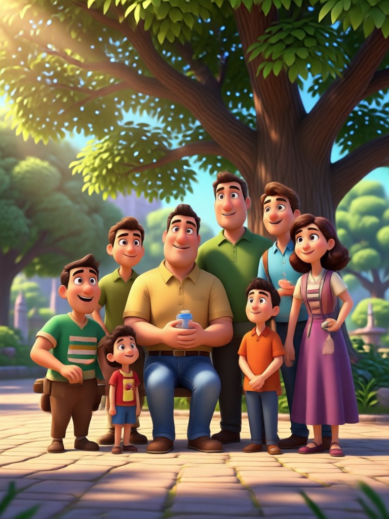 Adventure themed Pixar family portrait with outdoor background