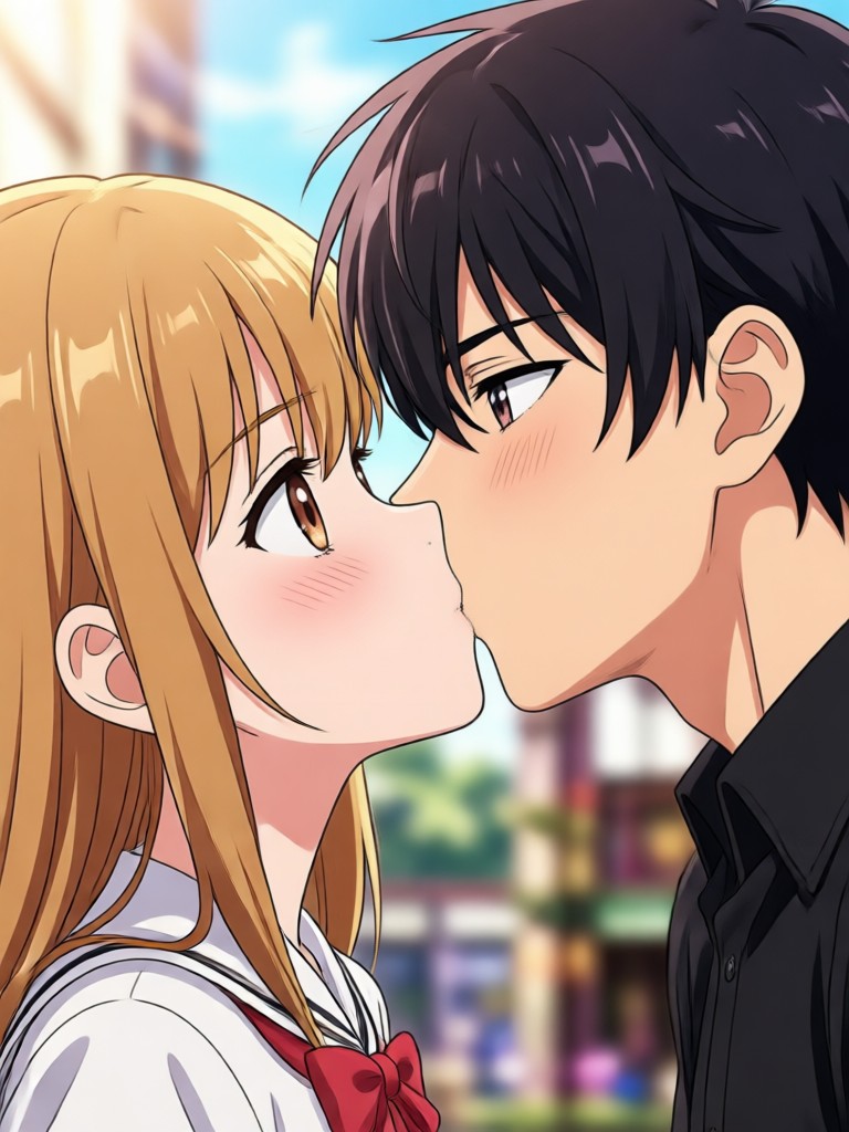 Anime character kissing in the rain