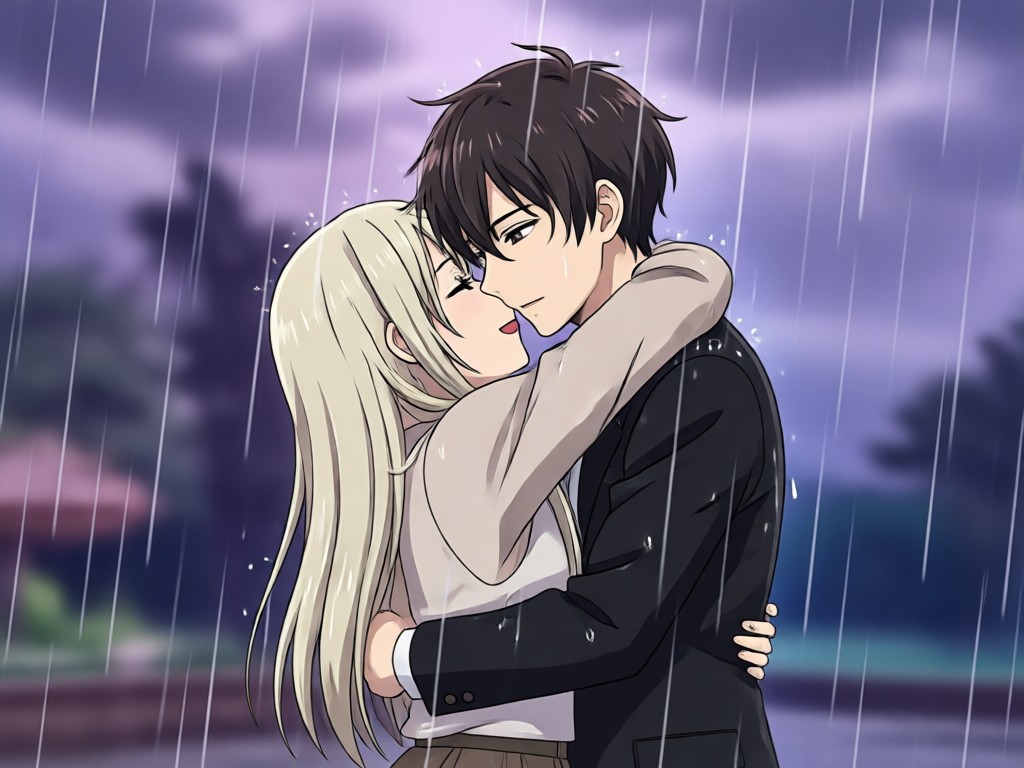Photo to anime rain hug video transformation
