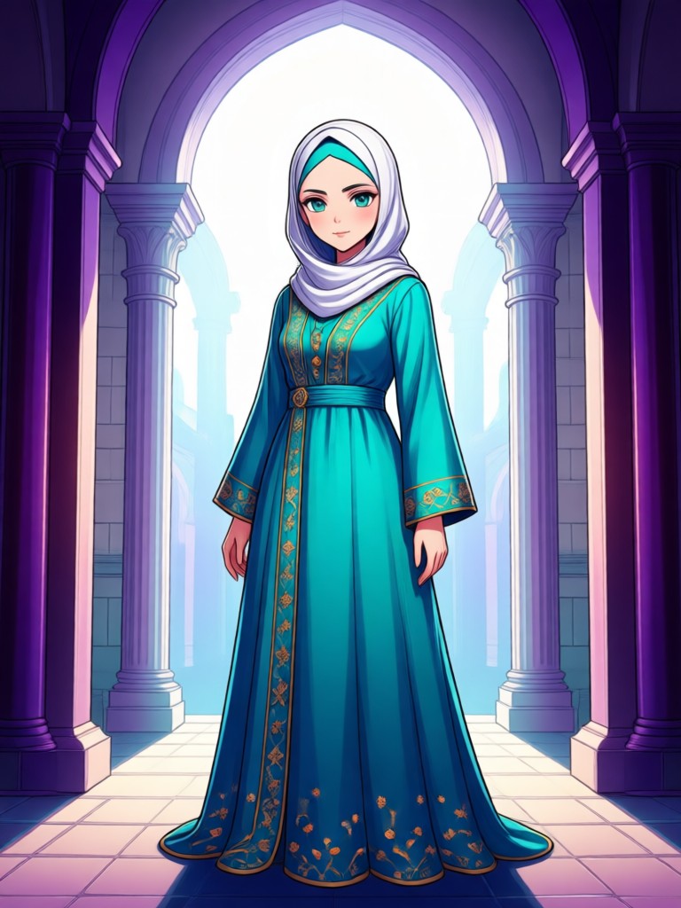 Anime Muslim girl with expressive eyes and cultural jewelry