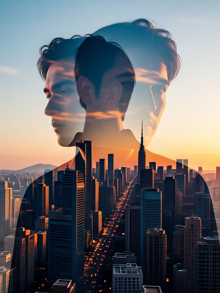 Sunset double exposure creating a warm, glowing couple portrait