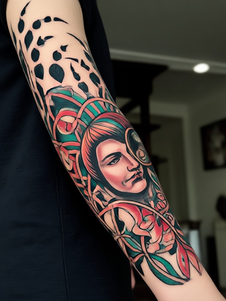 Black and grey realism sleeve tattoo mockup
