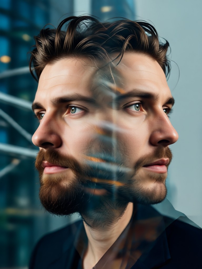 Portrait and musical instrument double exposure for artists