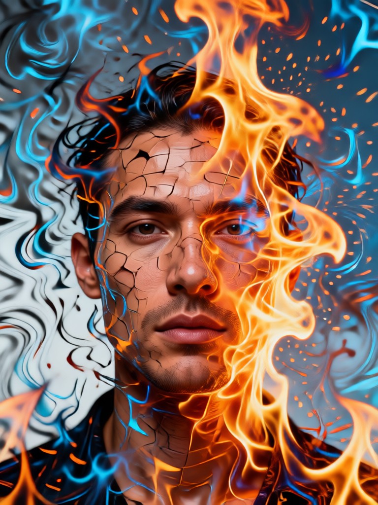 Cinematic portrait with roaring inferno background