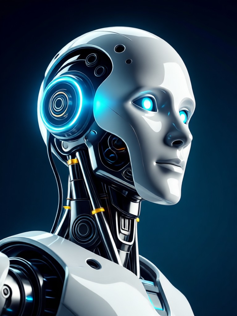 Android with glowing orange optical sensors and carbon fiber texture
