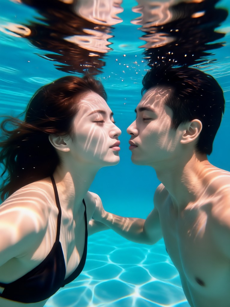 AI generated underwater couple portrait with glowing light effects