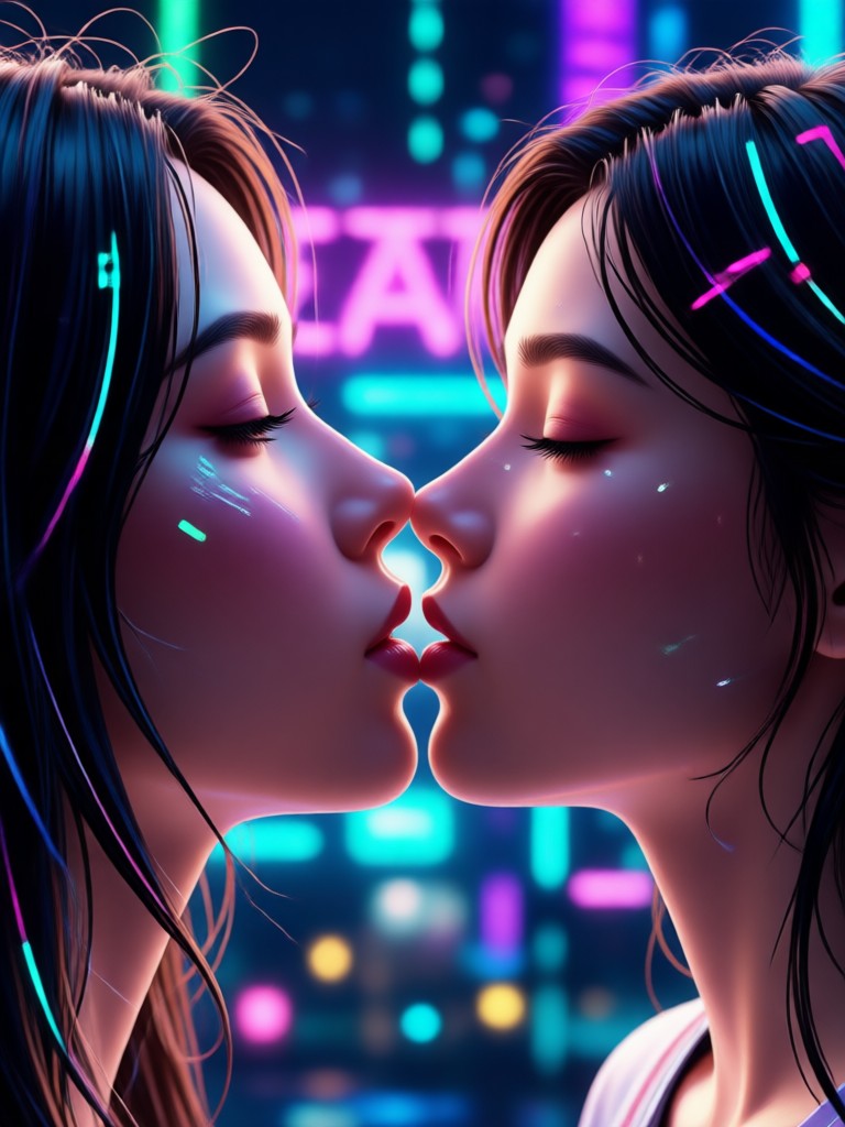 AI generated kiss under romantic sunset lighting