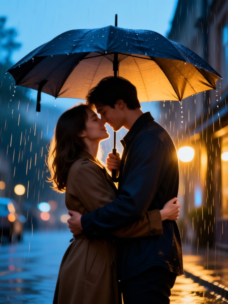 Emotional couple hugging under umbrella AI video