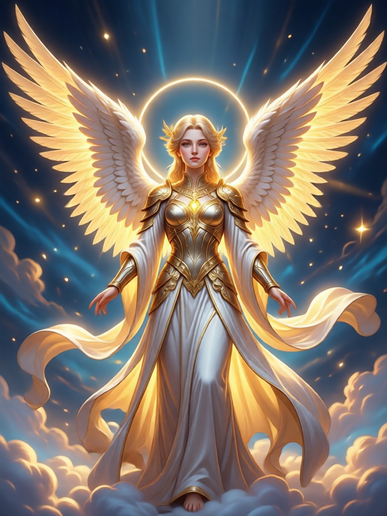 Ethereal angel portrait in a soft blue and white glow
