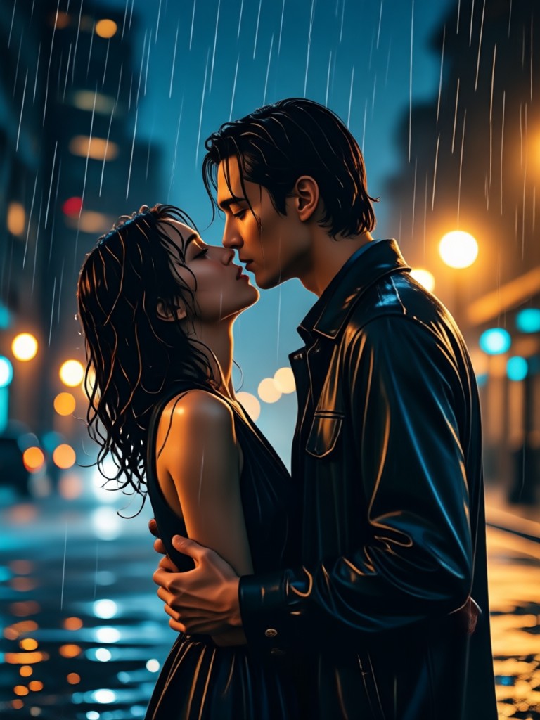 Dramatic cinematic kiss with umbrella