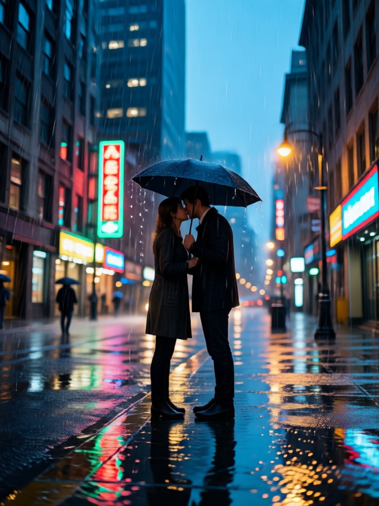 雨水たまりの反射の中で抱き合うカップル