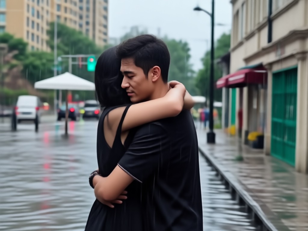 AI monsoon rain and lighting effects on couple hug
