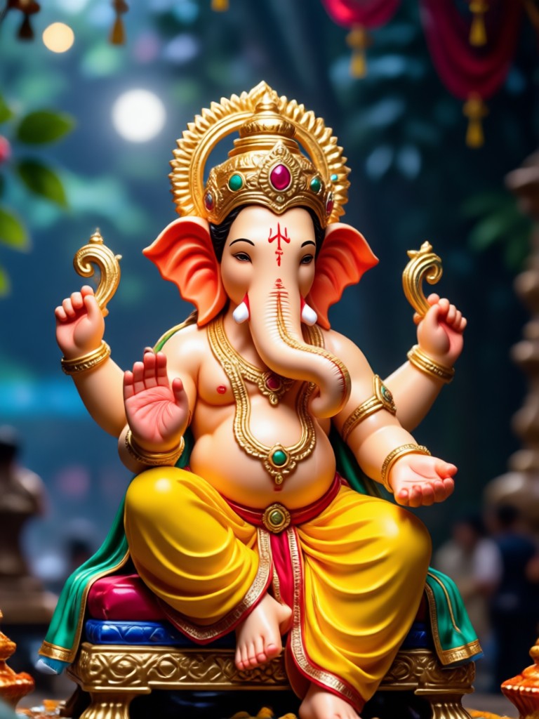 Ganesha idol with AI-generated festival lights and crowd
