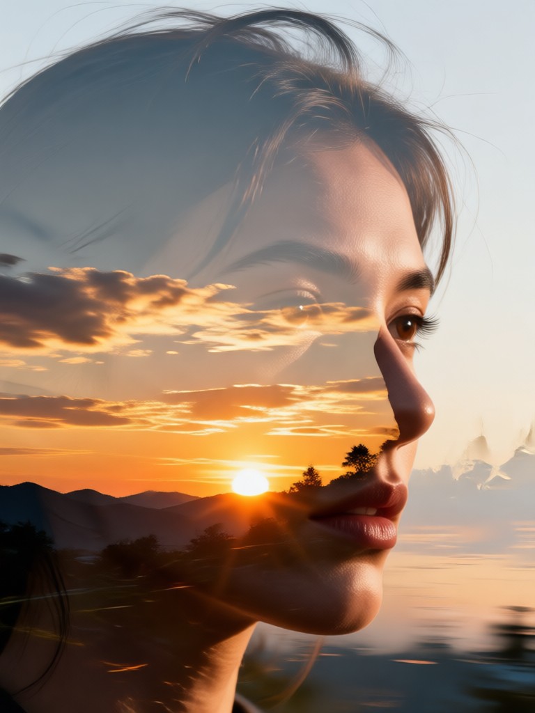 Retrato de pareja fusionado con atardecer en la playa