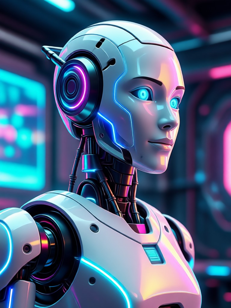 Portrait with glowing robotic eye and circuit patterns