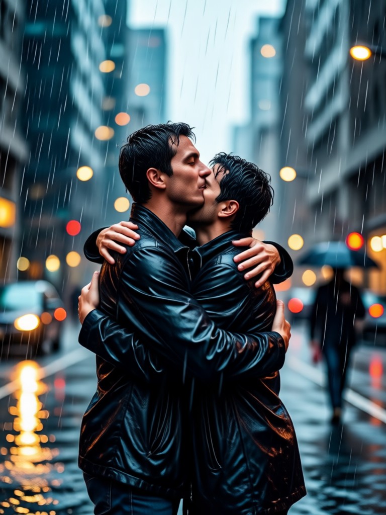 Couple reunion hug in urban rain scene