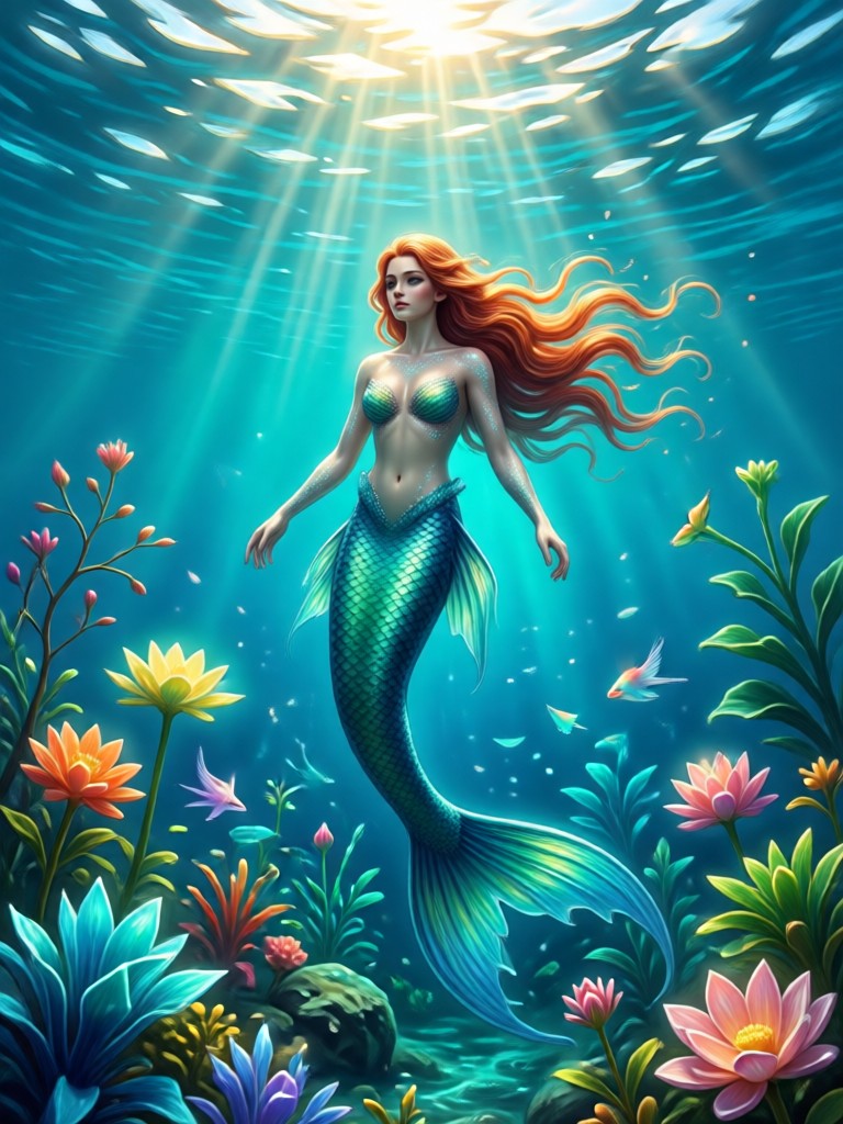 Sirena neon cyberpunk en una ciudad submarina futurista
