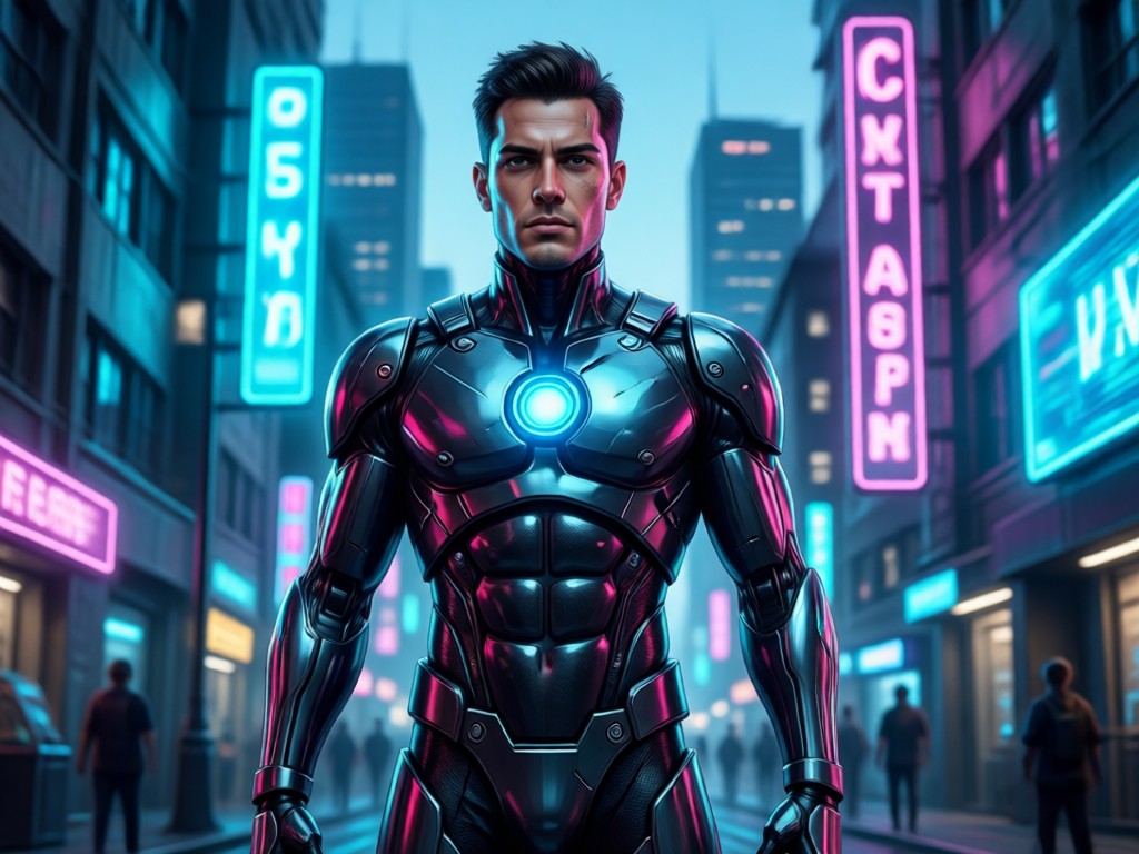 Customizable AI action hero character with armor and effects