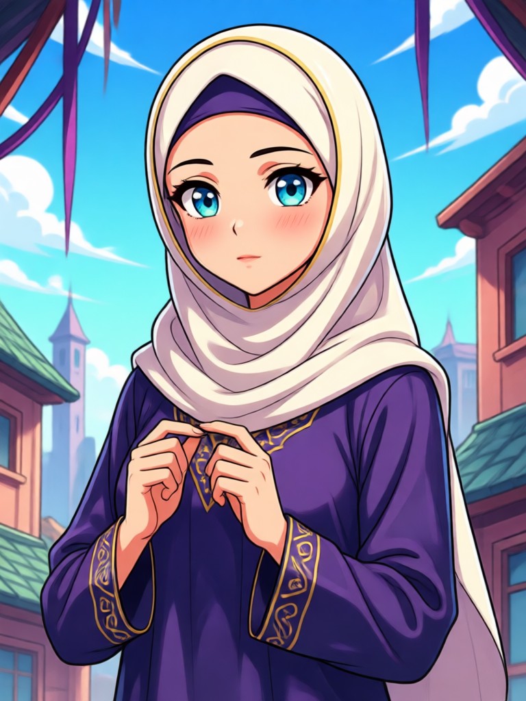 AI generated anime Muslim girl character with hijab and modest clothing