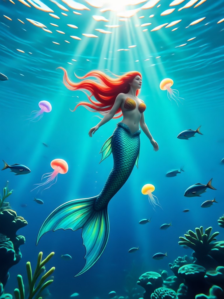 Mysterious dark mermaid in deep sea AI video