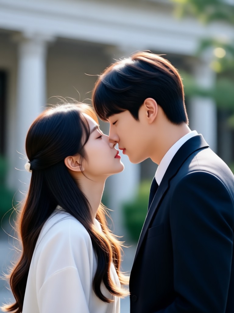 Beach sunset kiss scene