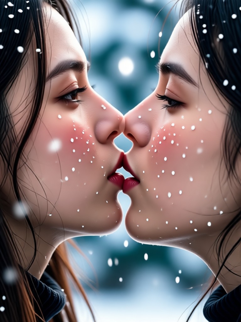 Romantic kiss at a snowy Christmas market