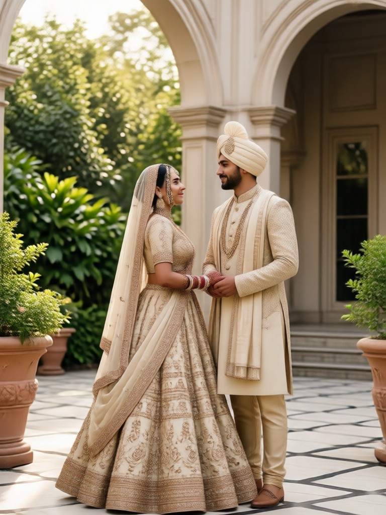 Red bridal lehenga and gold sherwani couple photo